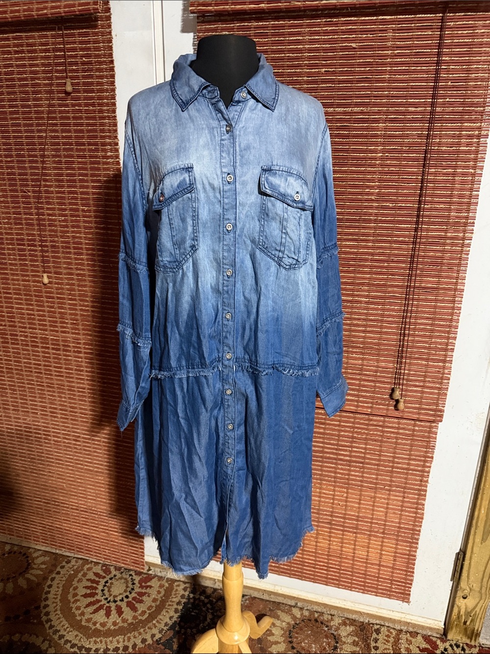 Indigo Blue Washed Denim Midi Shirt Dress - Blue